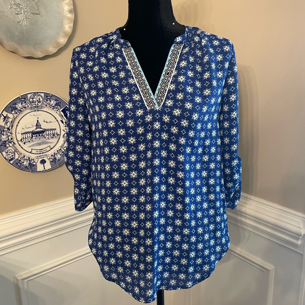 Women's M,  blue, cream and dark blue shirt. Embroidered v-neckline